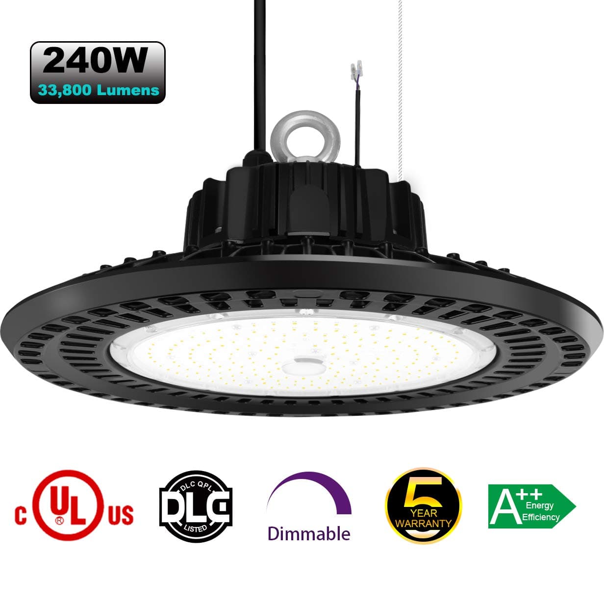 240W LED High Bay Light - 33000Lm Dimmable Waterproof 5000K Daylight UL DLC Listed for Updating 400W-1000W HID Hi-Bay Light Fixture in Warehouse Shop and Other Commercial Applications