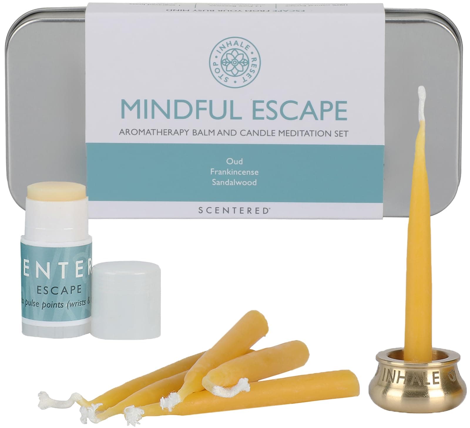 Yoga Meditation Kit - Aromatherapy Balm & Natural Beeswax Candles Set for Mindfulness - 12x Beeswax Candles with Brass Holder & Essential Oil Balm - Self-Care Gifts for Women