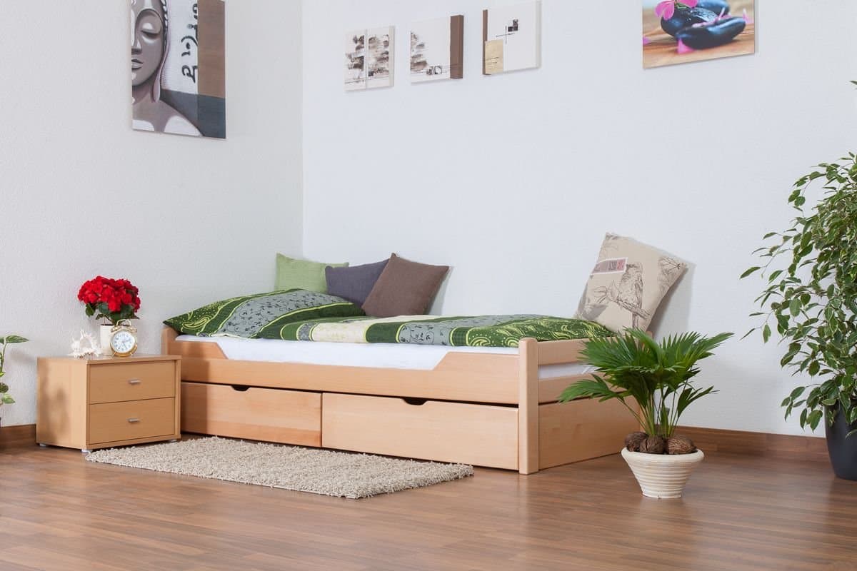 Single Bed/Functional Bed "Easy Furniture" K1/1n Includes 2 Drawers and 2 Privacy Screens, 90 x 200 cm Solid, Natural Beech Wood