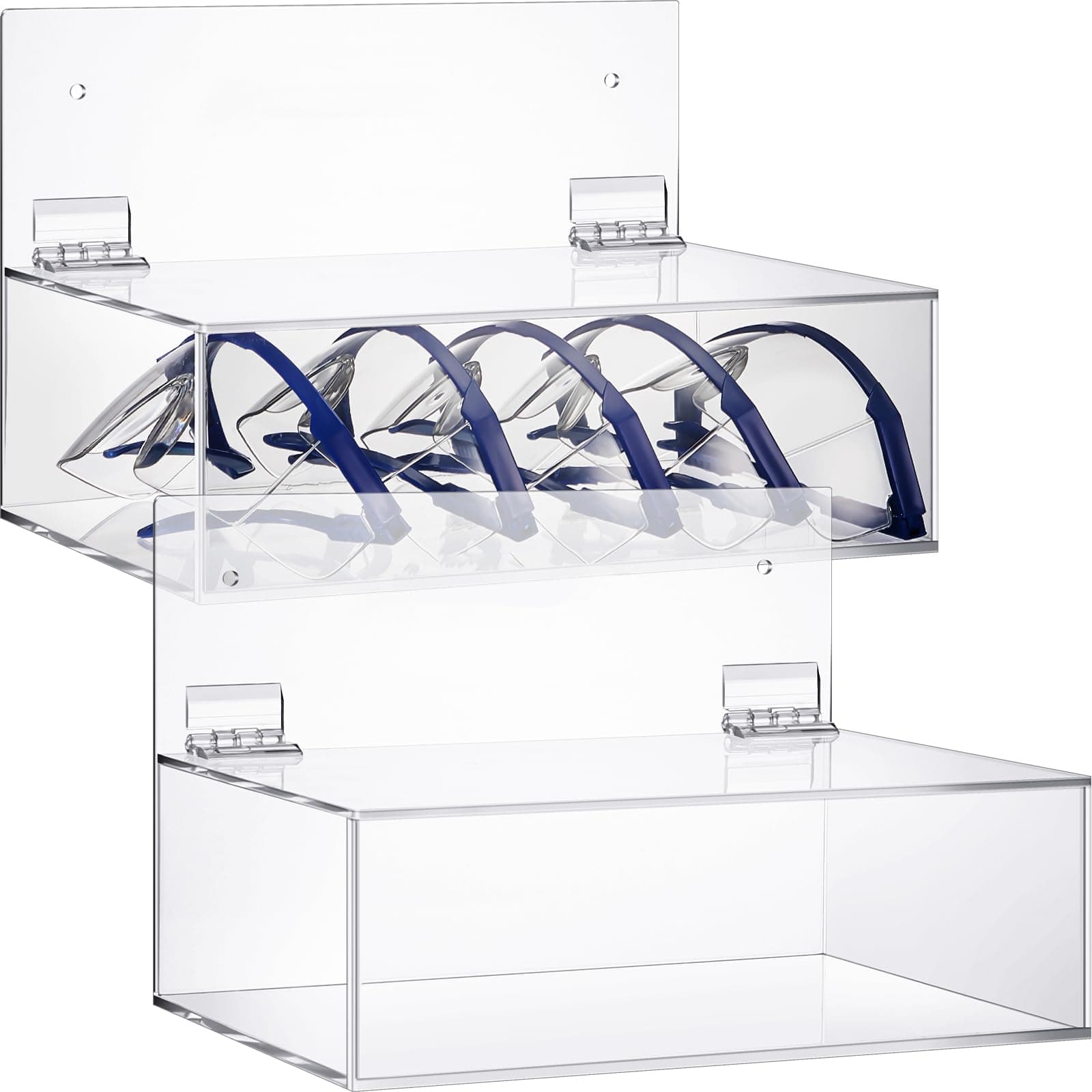Geetery Safety Glasses Holder with Lid Wall Mount / Stand 9 x 6 x 3 Inches Clear Acrylic Dispenser Storage Case Wall Organizer Box for Eyewear Goggle Glove Facemask Lab Supply, clear, as shown in the