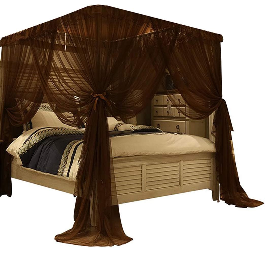 4 Corners Bed Curtain Canopy Net Bed Canopies for Girls Princess Boy Bed (Queen, Coffee)