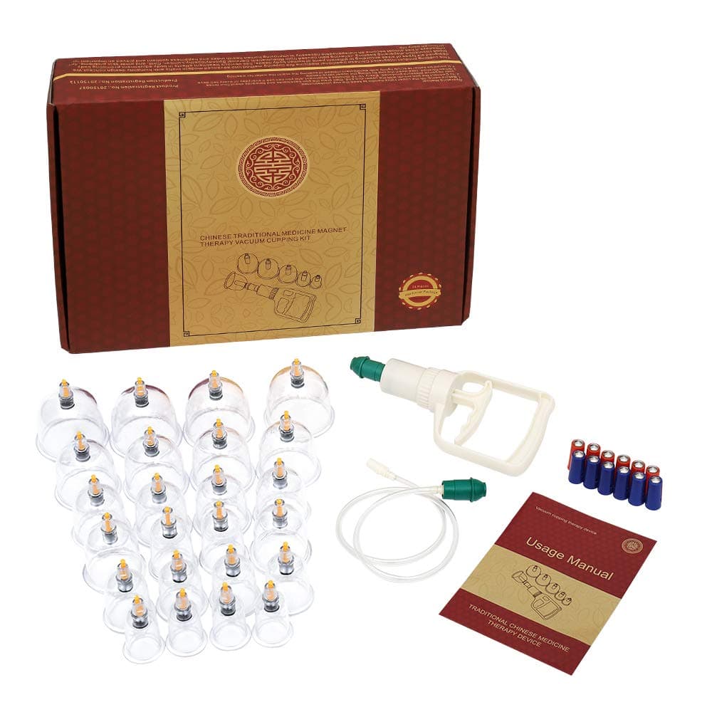 24 Cups Chinese Cupping Therapy Sets , Professional Vacuum Cupping with Extension Tube and Detachable Magnetic Needle for Joints, Knees, Elbows, Shoulders, Cellulite Cupping Massage Back Pain Relief