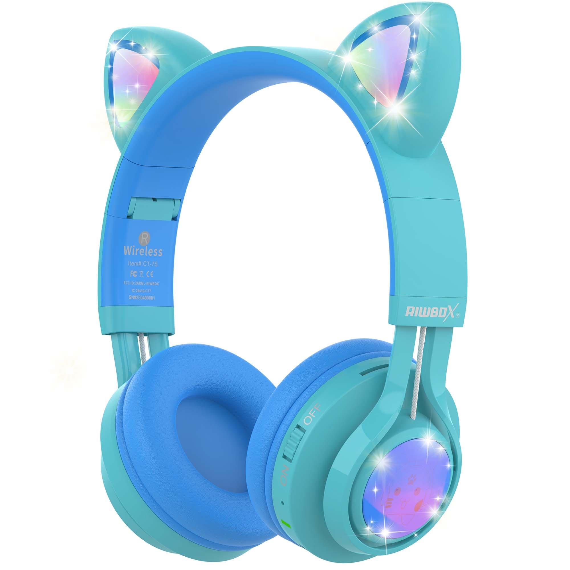Kids Headphones, CT-7S Cat Ear Bluetooth Headphones 85dB Volume Limiting,LED Light Up Kids Wireless Headphones Over Ear with Microphone for iPhone/iPad/Kindle/Laptop/PC/TV(Blue&Green)
