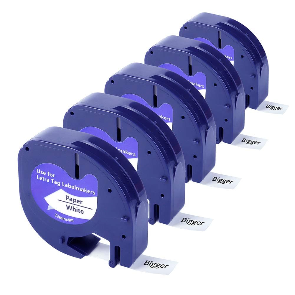 Bigger Compatible Label Tape Replacement for Dymo LetraTag Paper Label Tape Used with Dymo LetraTag LT-100H Label Maker, Black on White, 12mm x 4m, 5-Pack