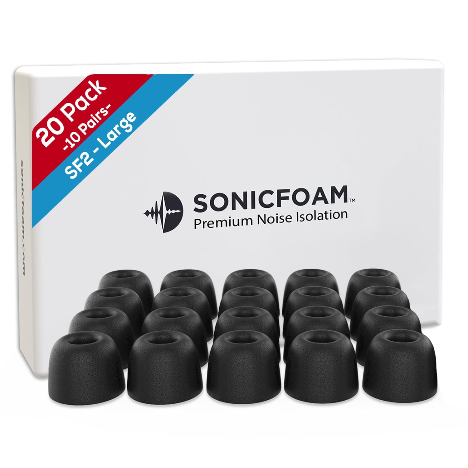 SONICFOAM (SF2 Large Black) Memory Foam Earbud Tips for Earbuds with Speaker Diameter 4.4-5.7mm - (20 Pack / 10 Pairs)