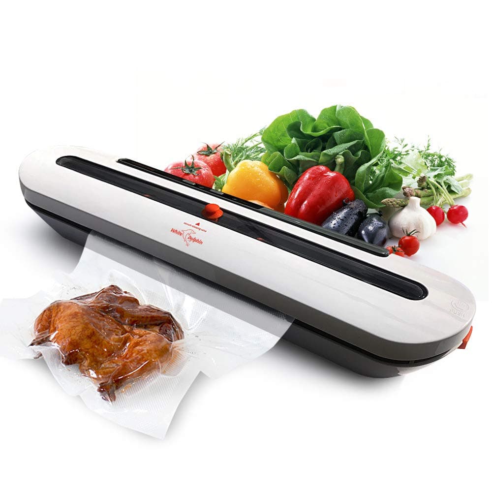 White Dolphin Vacuum Sealer Machine Food Saver Storage with 10 Plastic Bags Automatic Air Sealing System Seal A Meal Dry Moist Modes Preservation Portable Kitchen Sous Vide Cooking