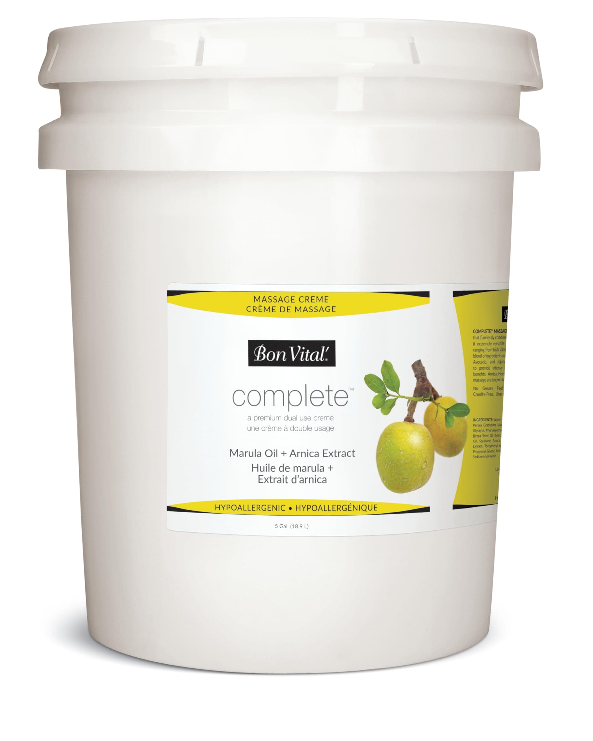 Bon Vital Complete Massage Creme, 5-Gallon, Unscented Non-Greasy Cream with Marula, Olive & Jojoba Oils, Hypoallergenic Moisturizer for Professional or Home Use, Premium Dual-Purpose, Massage Therapy