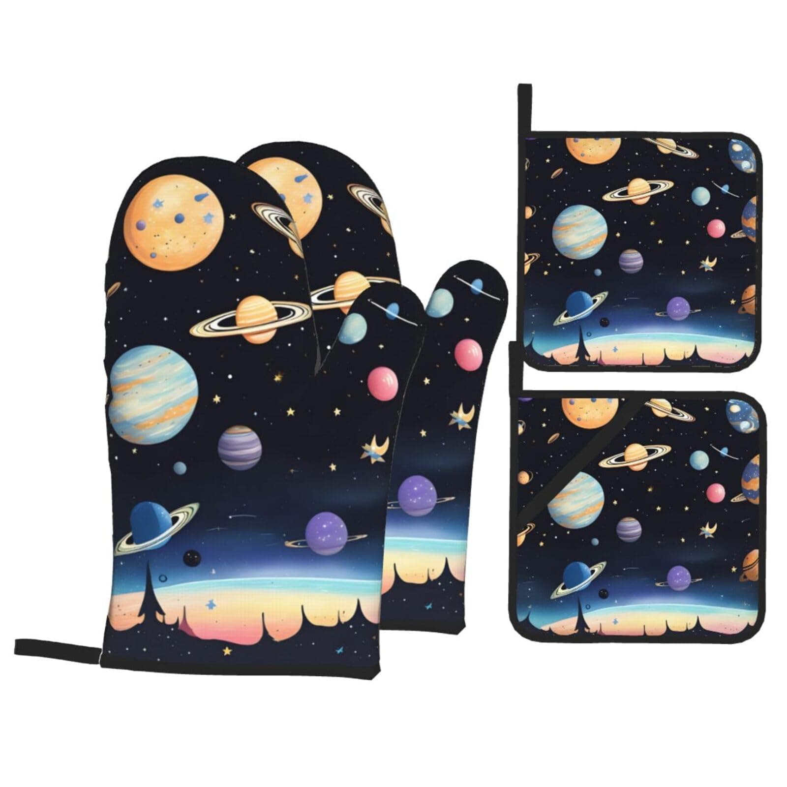 Saturn Jupiter Earth Oven Mitts And Pan Pad 4-Piece Set, Heat Resistant And Non-Slip, Suitable For Kitchen Baking And Grilling