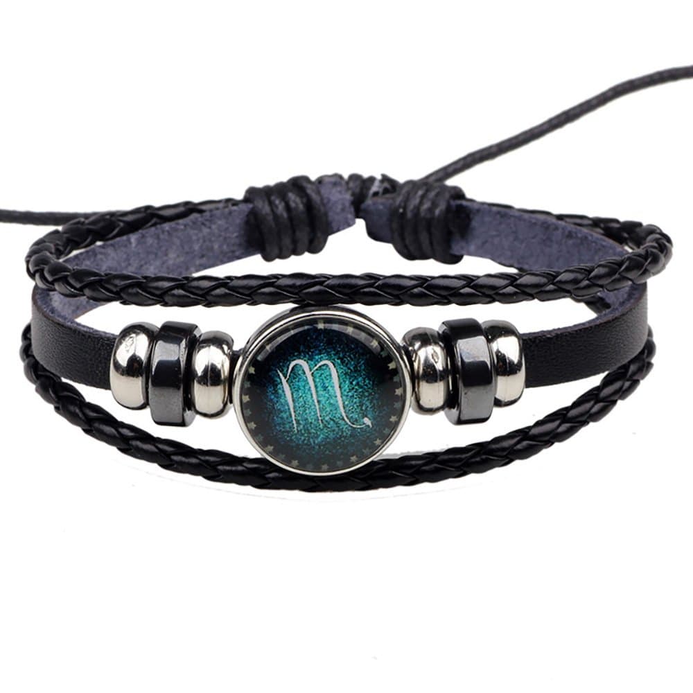 12-Sign Constellations Black Woven Leather Bracelet Blue Constellation Pattern
