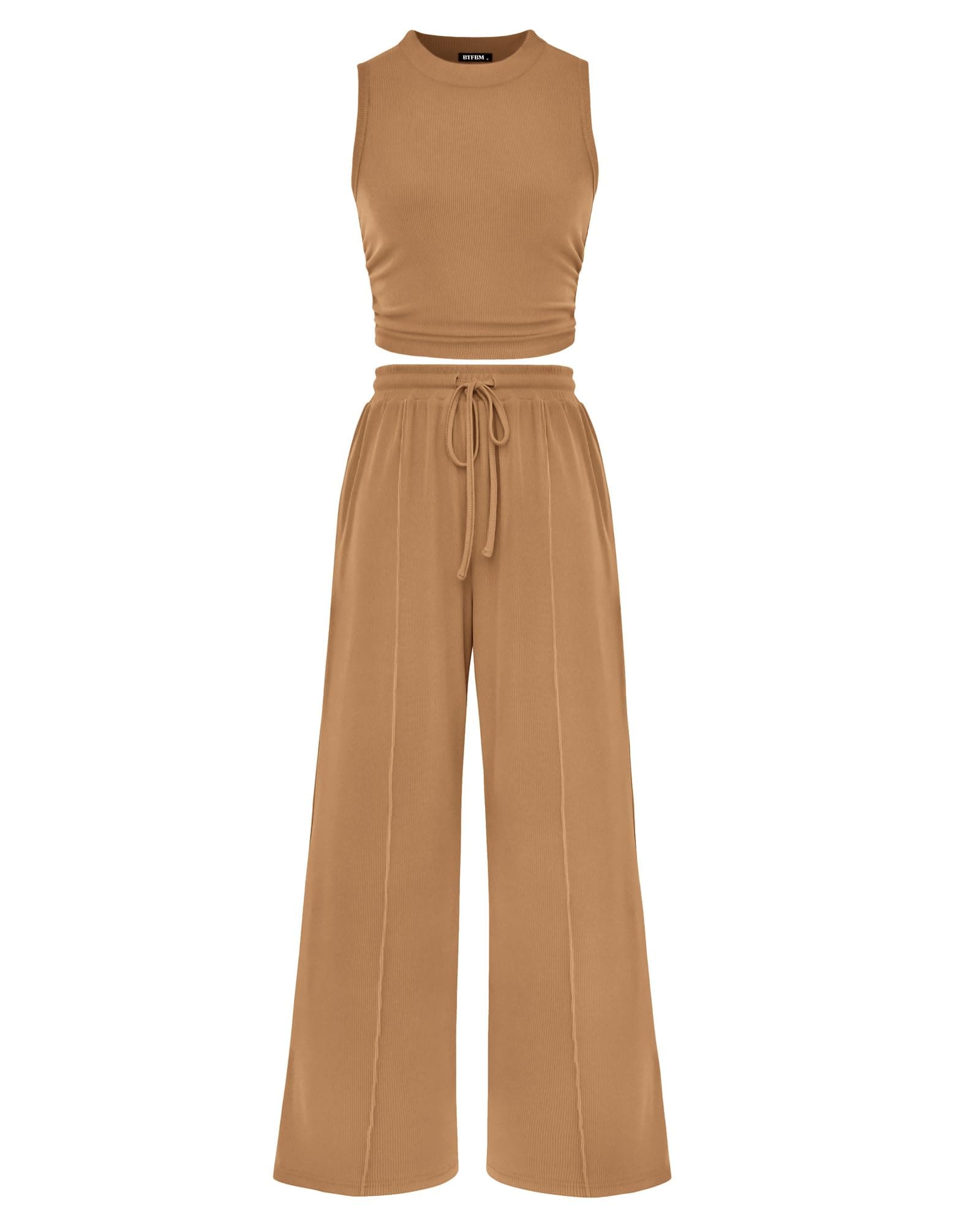 BTFBMWomen Summer 2 Piece Outfits 2025 Beach Crew Neck Sleeveless Cropped Top Elastic Waist Wide Leg Pants Lounge Set