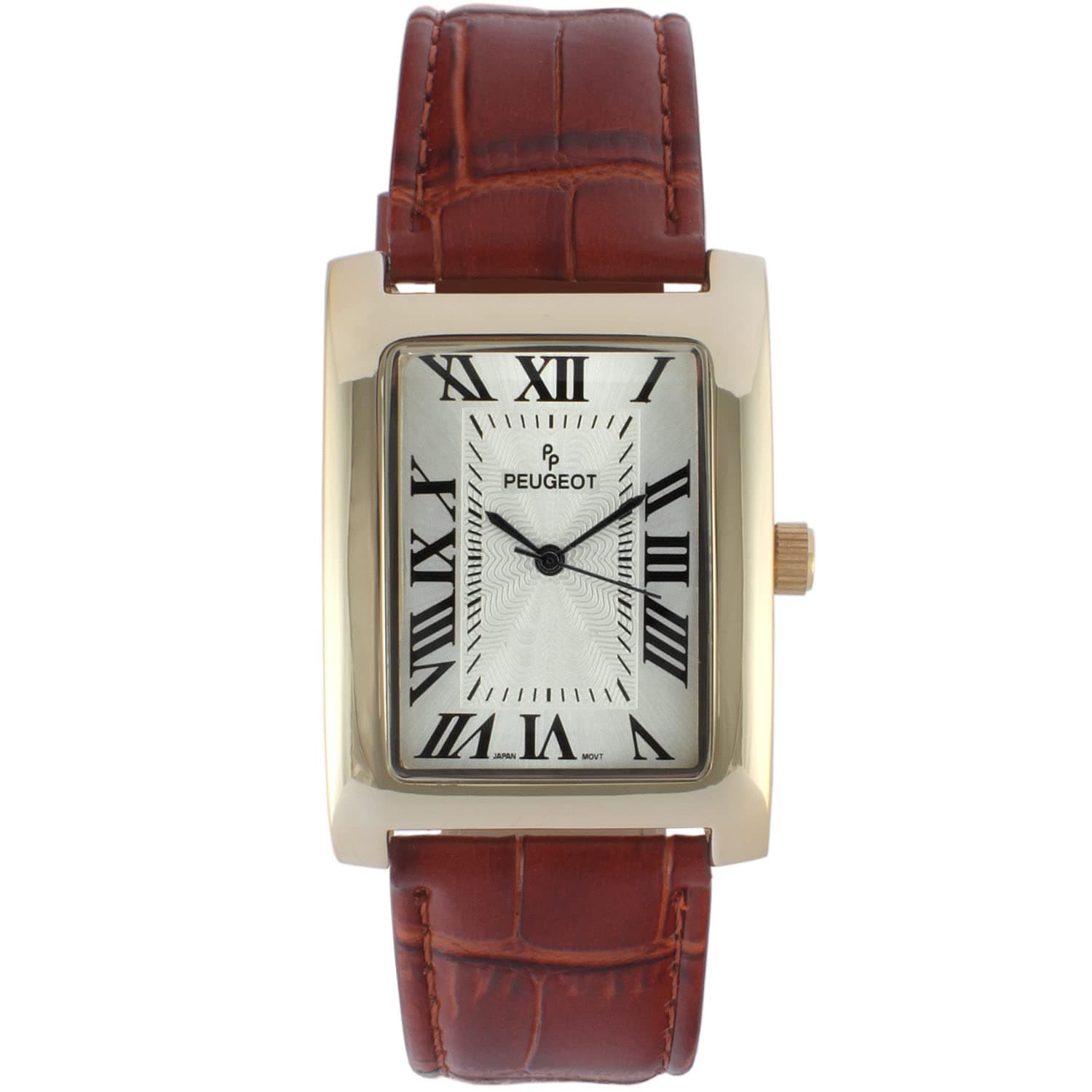 Peugeot Men's Vintage Rectangular 14K Gold Plated Wrist Watch with Matching Leather Strap Band