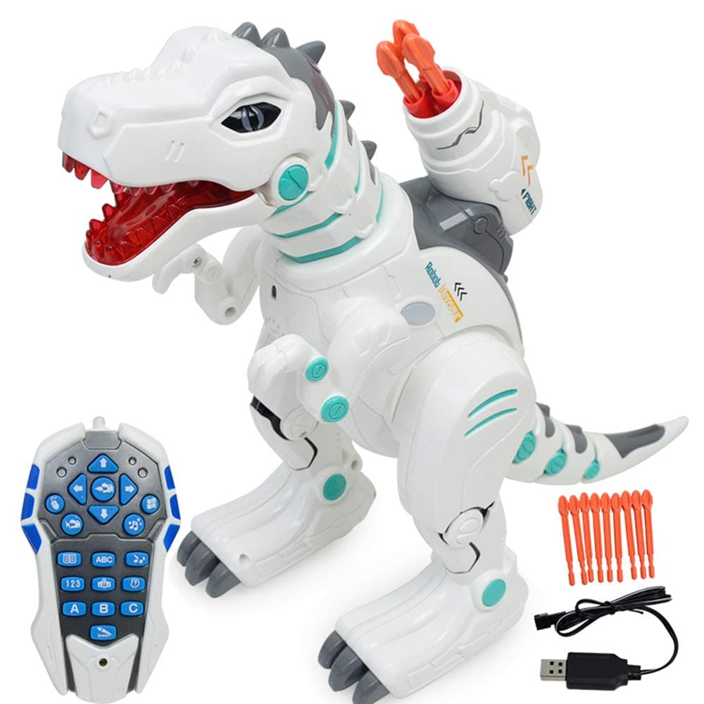 Hi-Tech Wireless Remote Control Robot Dinosaur Interactive RC Robot Toy Sings, Dances, Sprays Mist, Launches Missiles, Teaches Language and Knowledge (White)