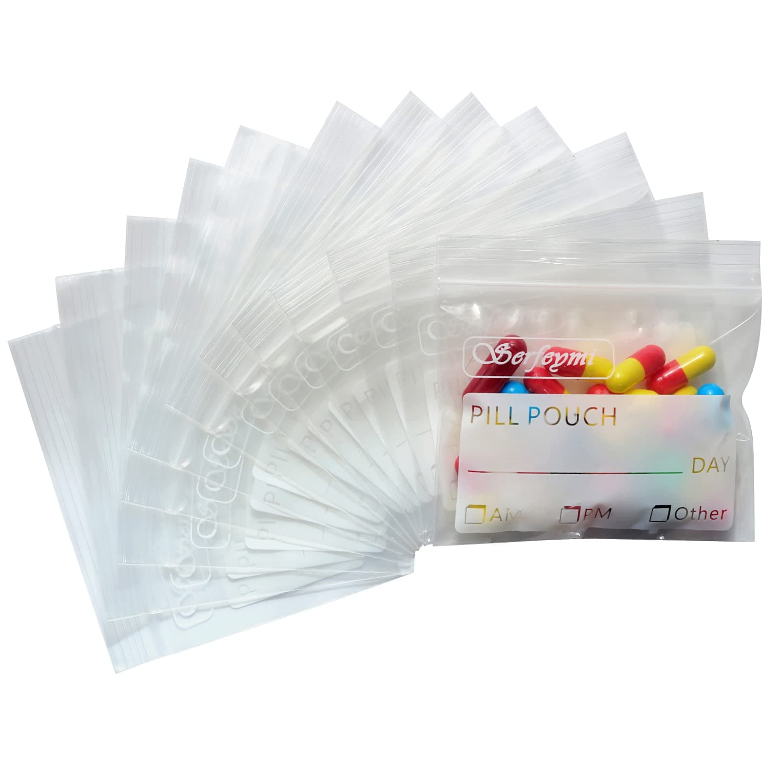 Serfeymi Pill Bags for Travel Pill Pouch Organizer Pack of 120 BPA Free 3 x 2.75 inch Reusable Pill Pouches for Medicine with Write on Label & Zipper Seal Waterproof AM PM Pill Baggies for Supplements