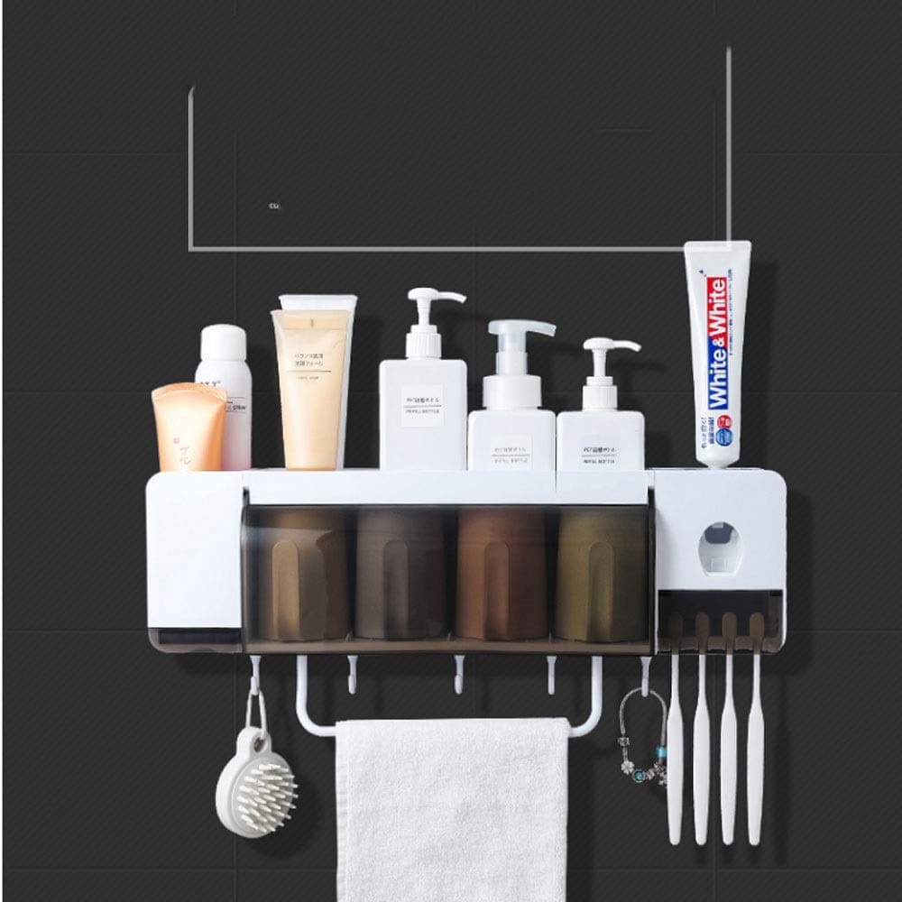 JKIUH Toothpaste Dispenser Bath, Bathroom Storage Rack | Wall-mounted Vanity Stand | 4 Cups | 4 Toothbrush Compartments | Enclosed Shelves | More Than 10 Storage Spaces