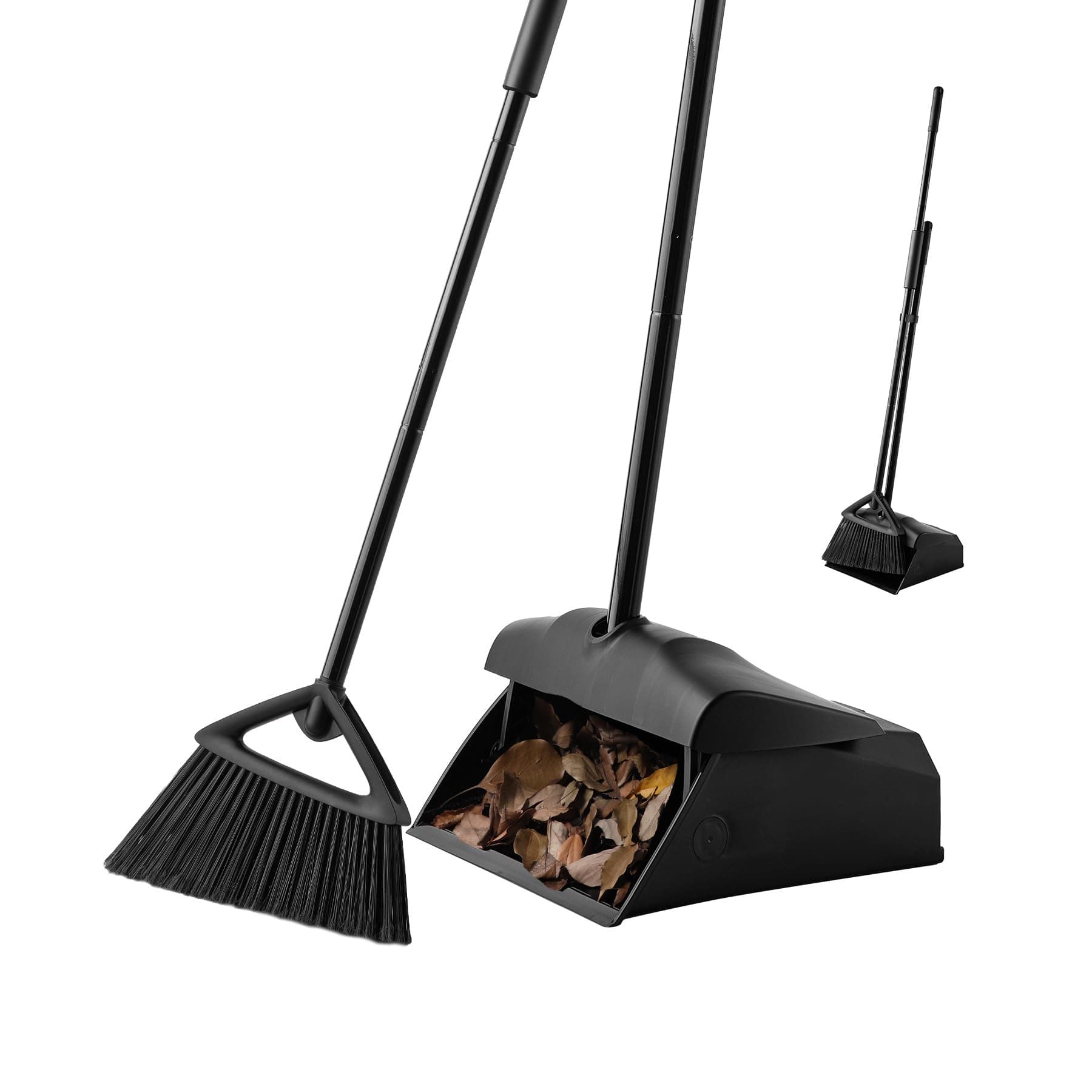 Eyliden Commercial Angle Broom and Dustpan Combo, with Long Handle and Lid, Lobby Dust Pan Sweep Set for Outdoor Garages Courtyard Sidewalks Decks Indoor Home Kitchen Room Office (Black Broom+Dustpan)