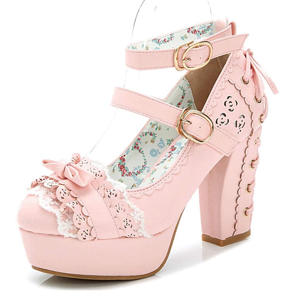 Japanese Style Sweet Bow Lace Princess Lolita Shoes Lace-up High Heel Buckle Strap Thick Platform Pumps