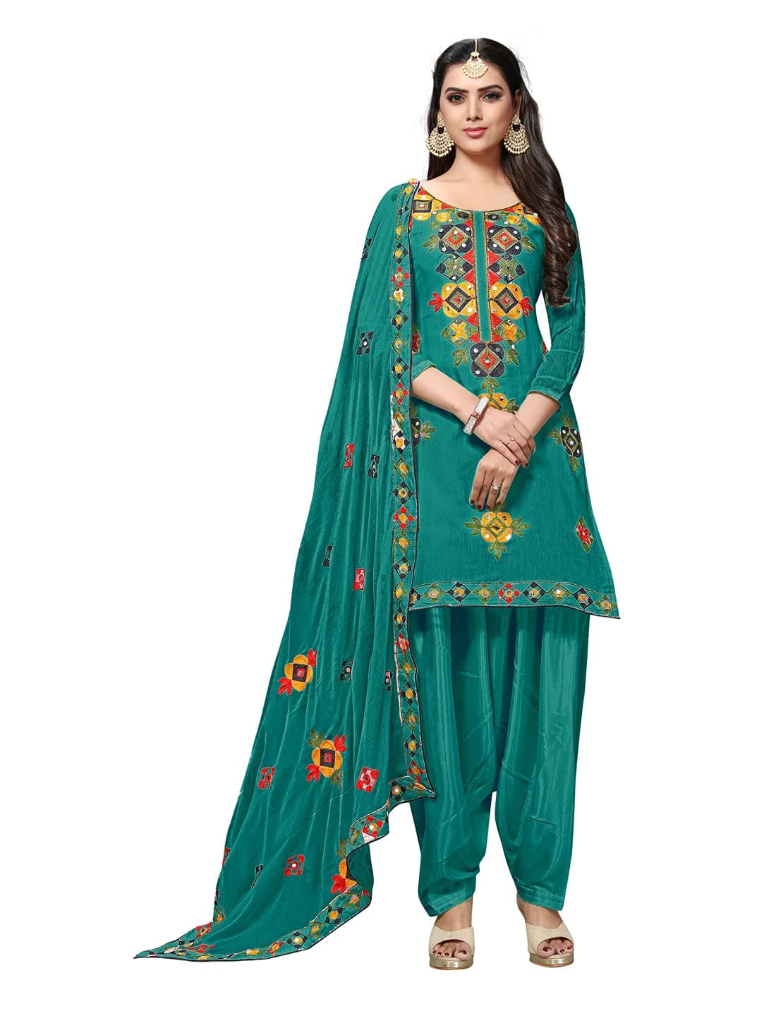 EthnicJunction Women's Holi Special Rajasthani Mirror Work Chanderi Embroidery Unstitched Salwar Kameez Dress Material