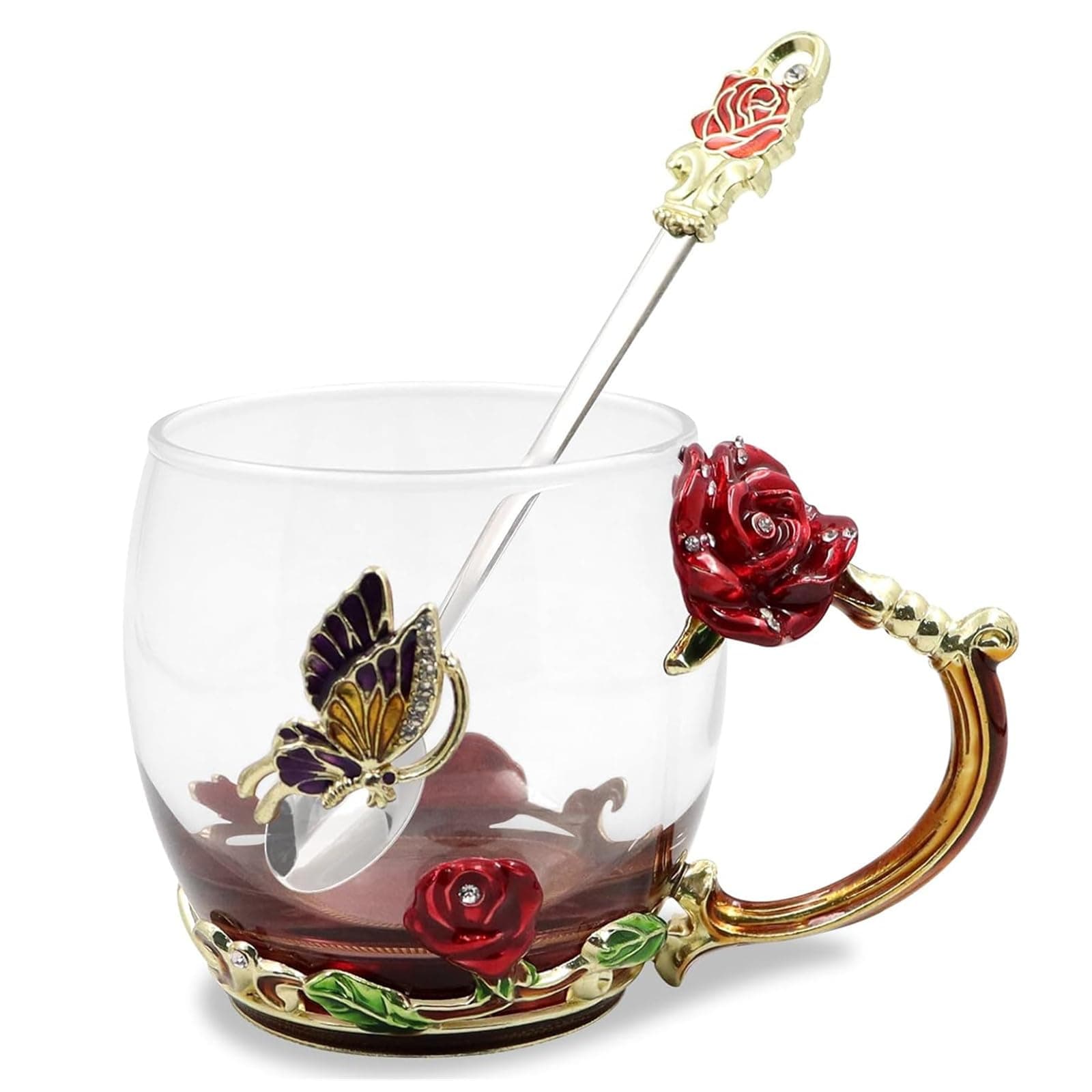 Qinhai Enamel Butterfly Flower Tea Cup Sets,Glass Coffee Mug,Mothers Day Gifts for Mum,Birthday Valentines Graduation Christmas for Women Wife Her Grandma Teacher Friend (Red)