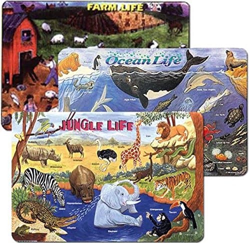 Animal Placemats: Farm, Ocean, Jungle Animals, Set of 3 Wipe-Off Placemats
