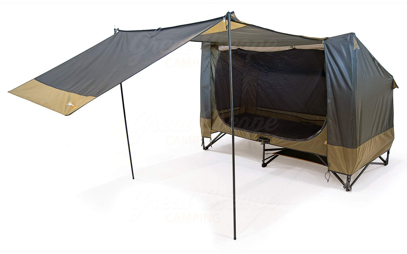OZtrail Easy Fold Stretcher Shelter - Single 16.7kg 218x90cm Separate removable heavy-duty 150D Ripstop flysheet with a massive sip out awning that doubles as a vestibule storage area