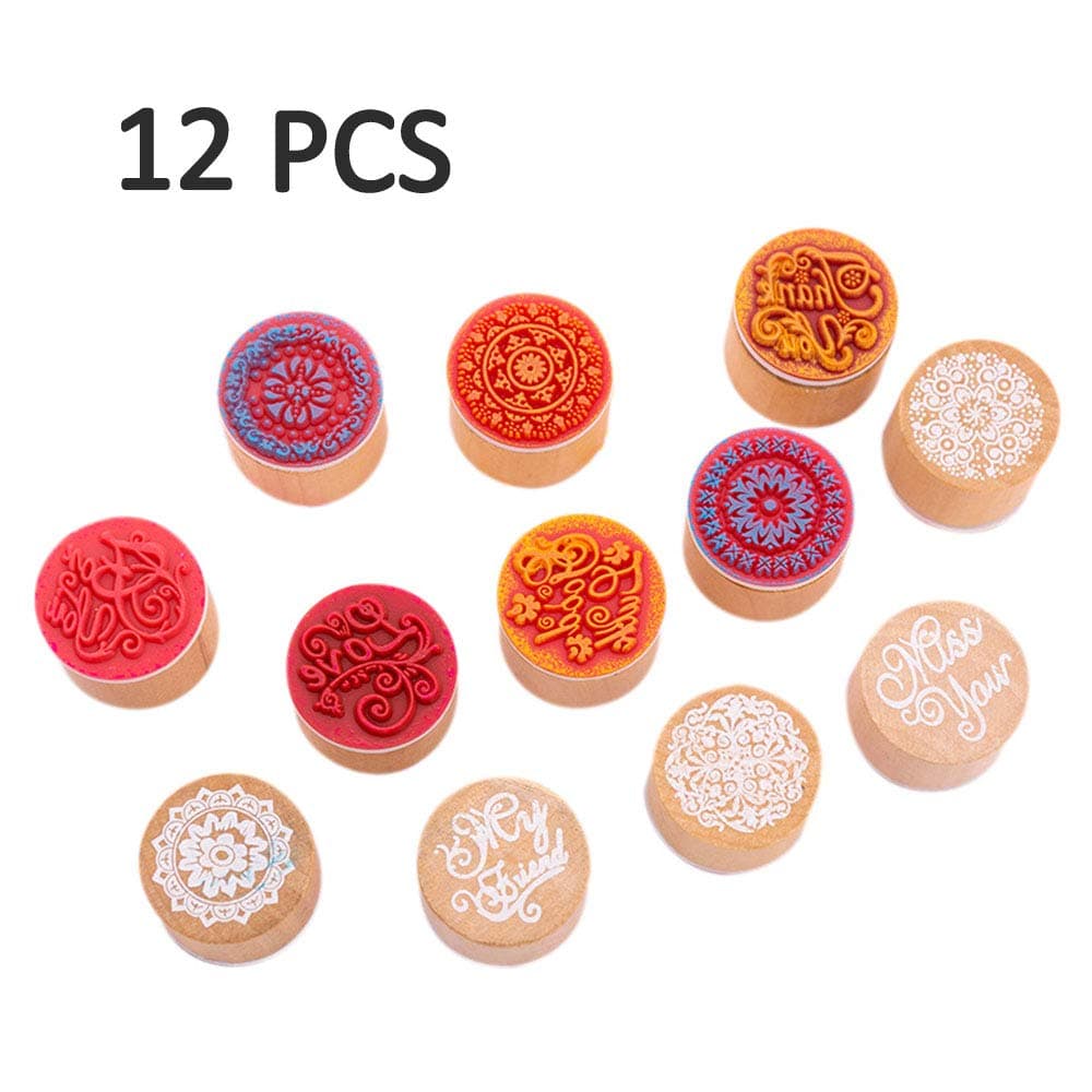 Round Shape Wooden Rubber Stamp Handwriting Wishes Benediction, Vintage Floral Pattern Craft Fashion DIY Album Accessories (Set of 12)