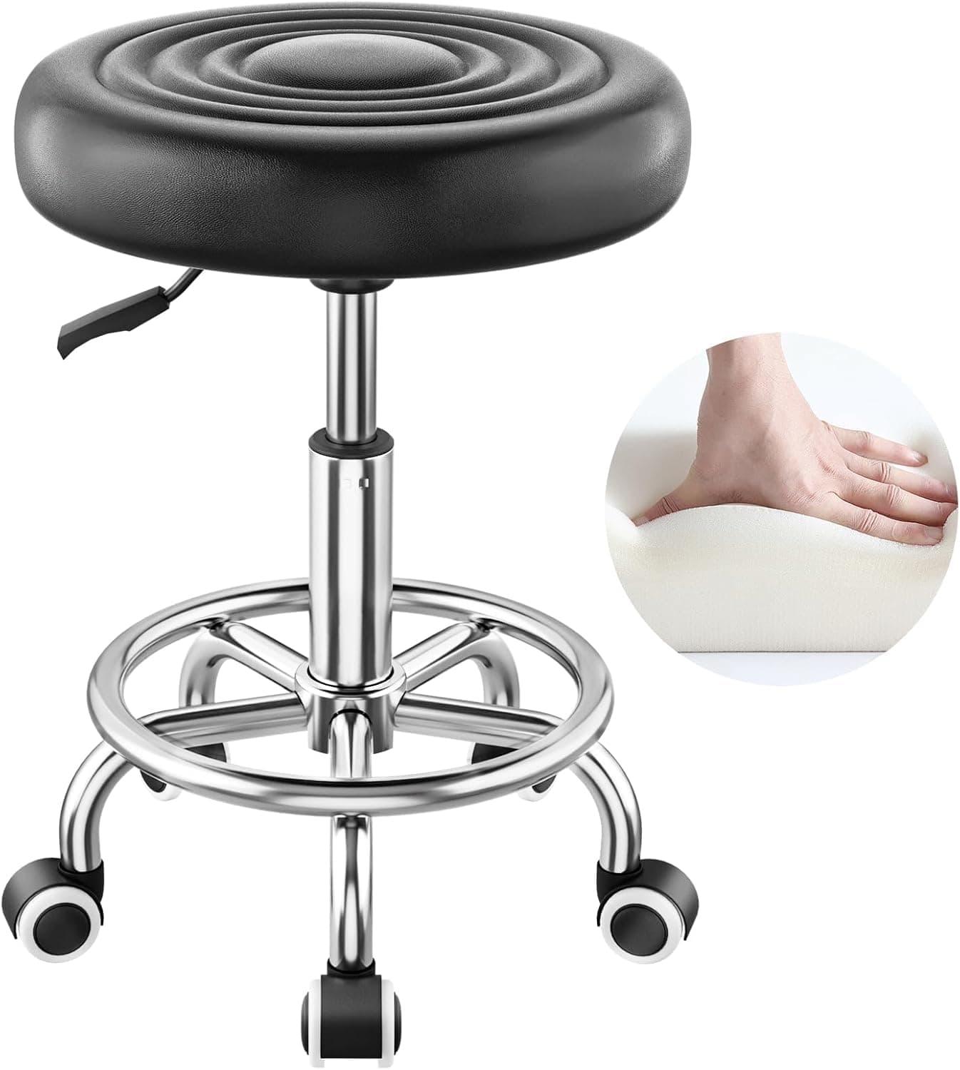 Round Rolling Stool with Wheels & Footrest – Height Adjustable (16.5"–20"), 360° Swivel, PU Leather Seat – Doctor, Salon, Tattoo, Massage Stool – 110 kg Capacity, Black