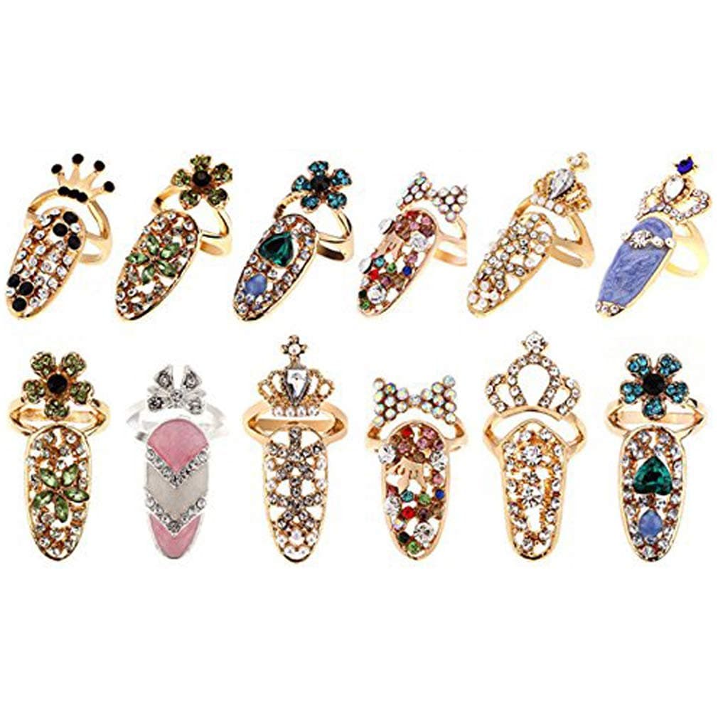 12 Pcs Women Luxury Fingernails Ring Fashion Bowknot Knuckle Nail Ring Decoration Tip Nail Art Charm Crown Flower Crystal Rhinestone Finger Nail Rings