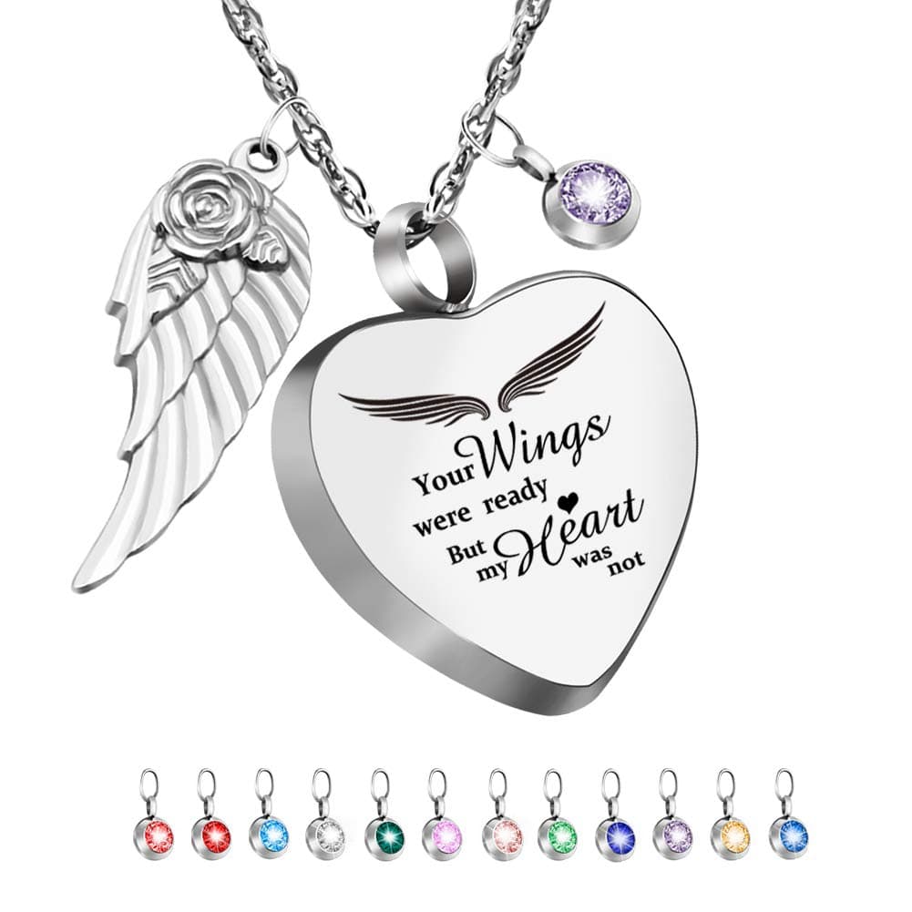 Dletay Heart Urn Necklace for Ashes with 12 Birthstones Cremation Jewelry for Ashes -Your Wings Were Ready My Heart Was Not