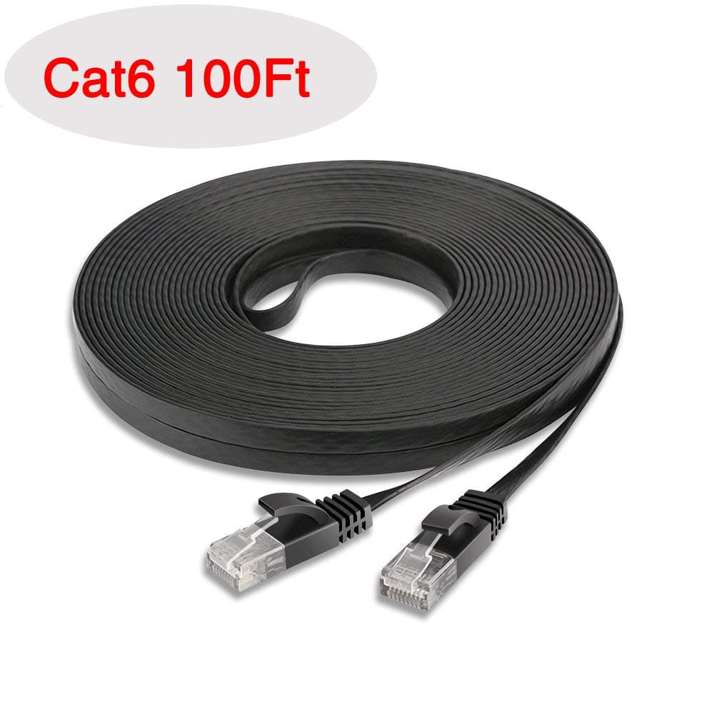 Cat 6 Ethernet Cable 100 FT Flat 32AWG High Speed 250MHz Patch Cable with Snagless RJ45 Connectors Black (100FT)