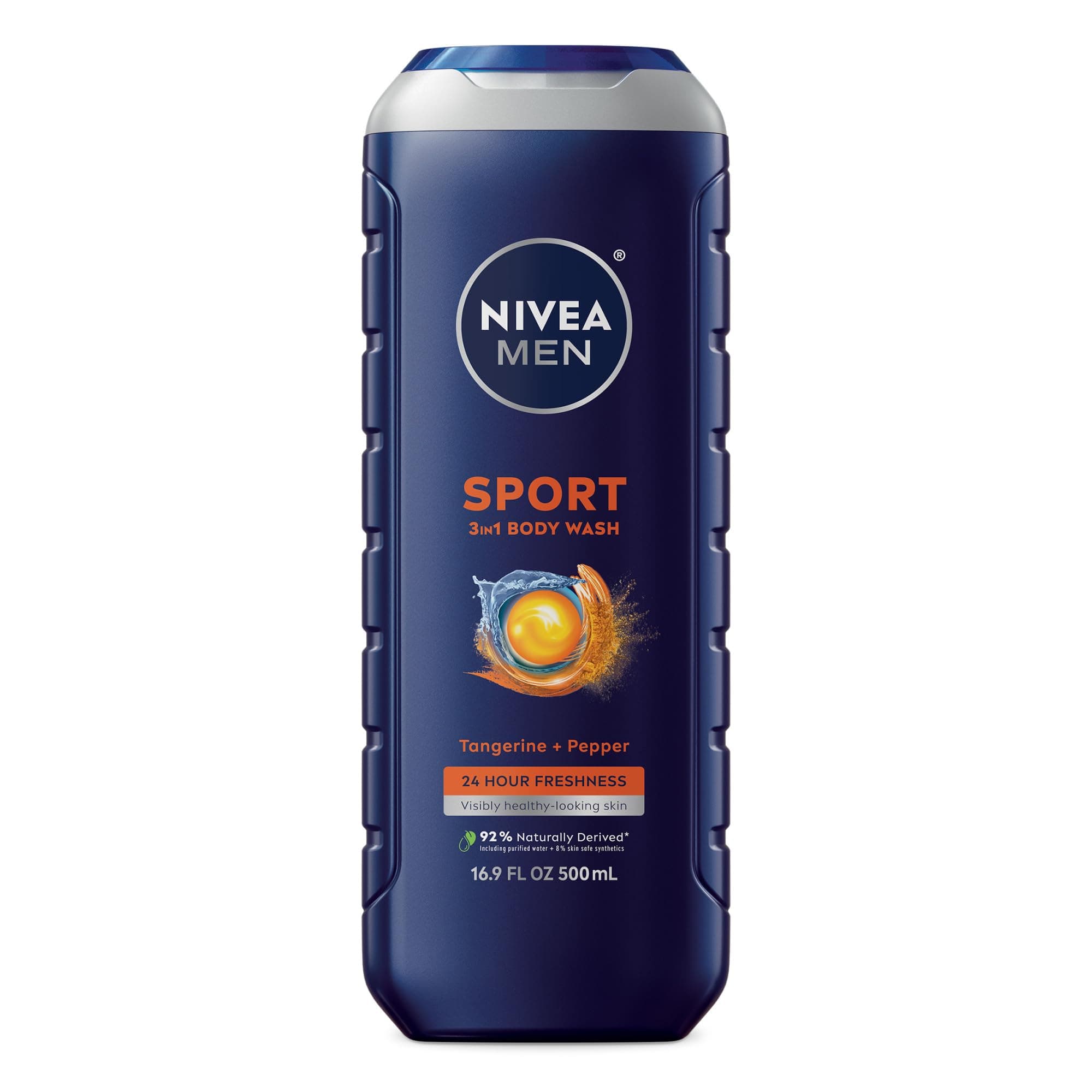 NIVEA Men Sport Body Wash with Revitalizing Minerals, Tangerine and Pepper Scent, 3-in-1 Men's Body Wash, Face and Hair, Paraben Free, Vegan Formula, 16.9 Fl Oz Bottle