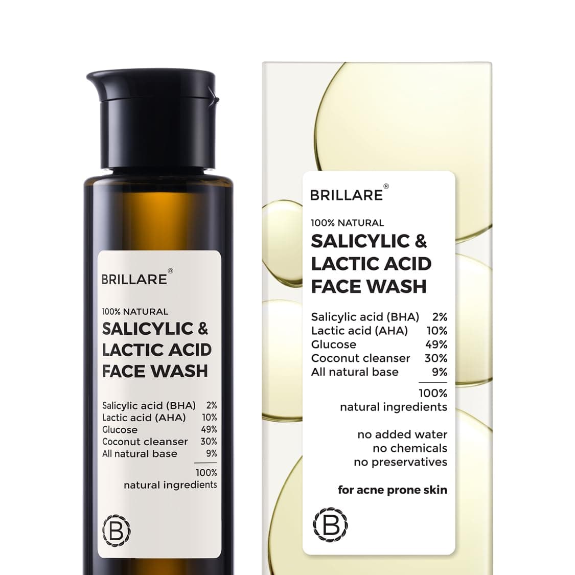 Brillare Salicylic & Lactic Acid Face Wash Useful for Clear, Acne Prone Skin, 100% Natural with Salicylic Acid, Lactic Acid and Zinc, Useful For Daily Use for all the Skin Types