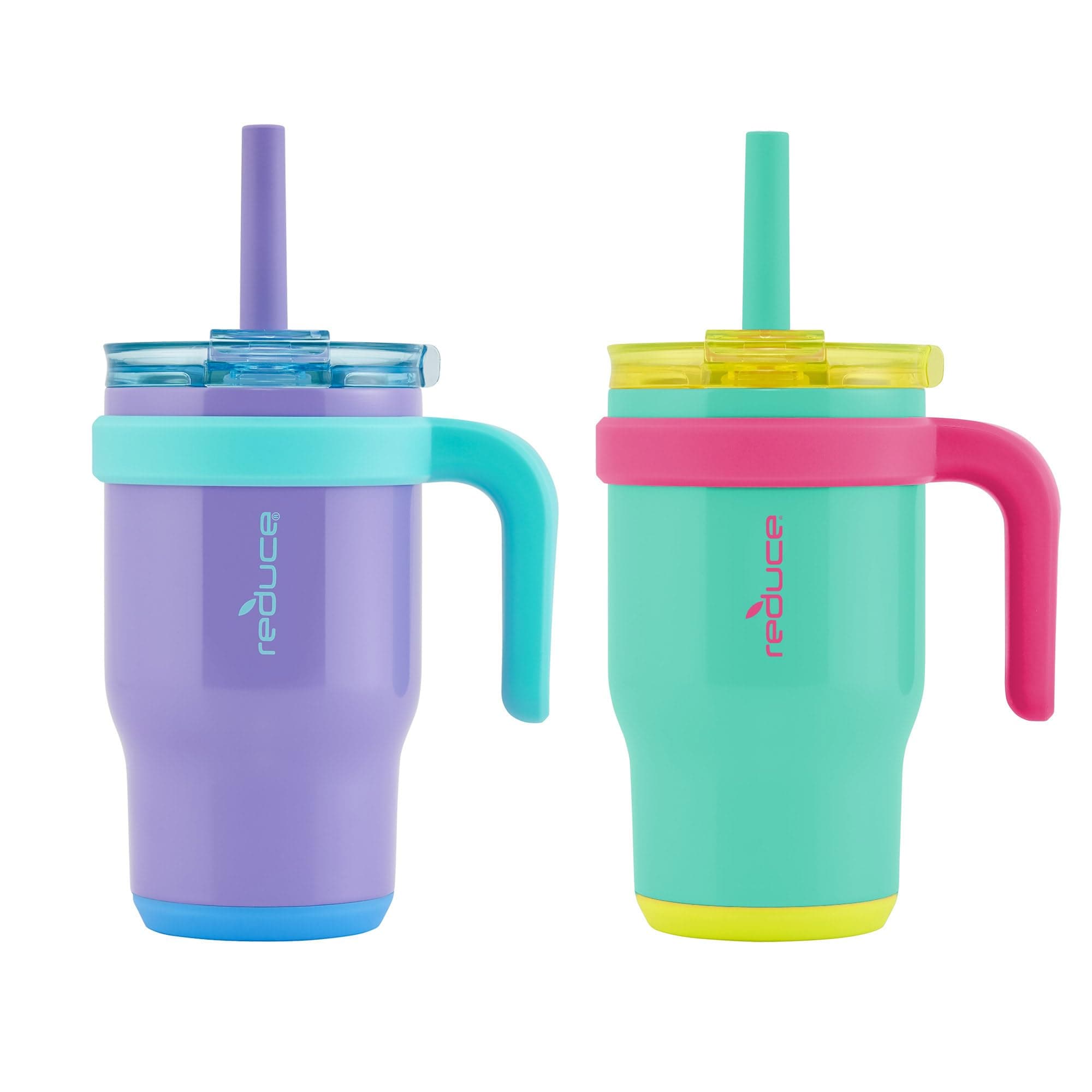14 oz Coldee Tumbler with Handle for Kids - 2 Pack, Leakproof Insulated Stainless Steel Mug with Lid & Spill-Proof Straw, Keeps Drinks Cold up to 18 Hrs, Purple and Teal