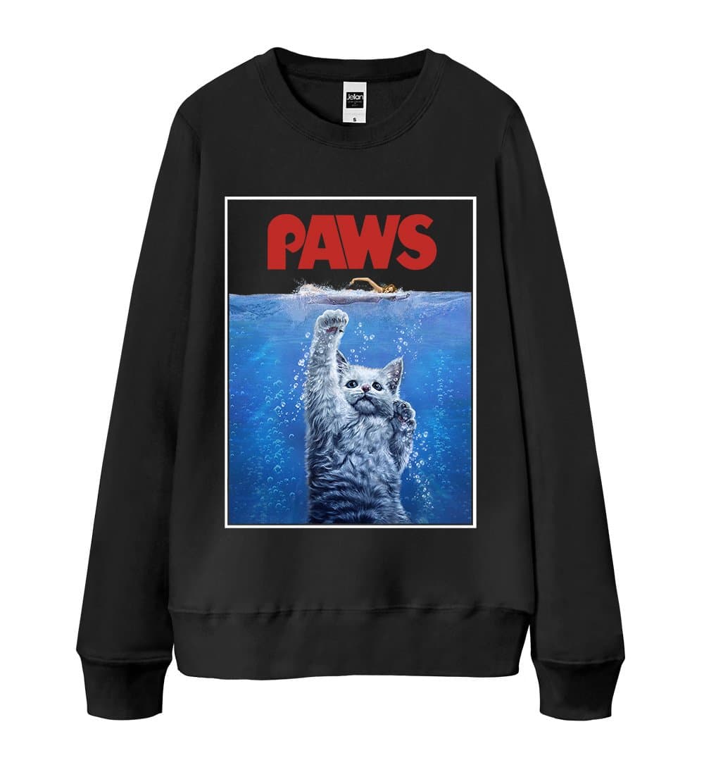 French Terry Sweatshirt - Fluffy White Cat as Monster from the Deep, PAWS! Black Small