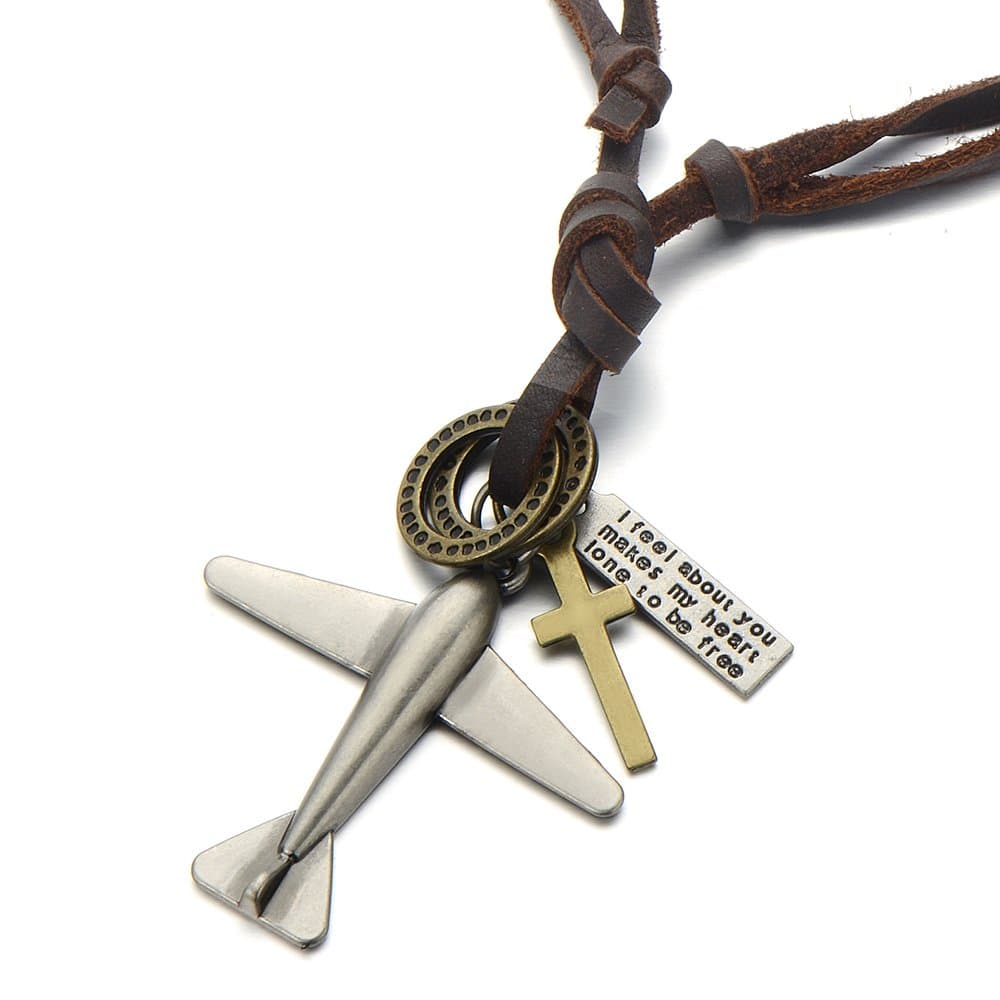 Unisex Vintage Airplane Pendant Necklace for Men Women with Adjustable Leather Cord