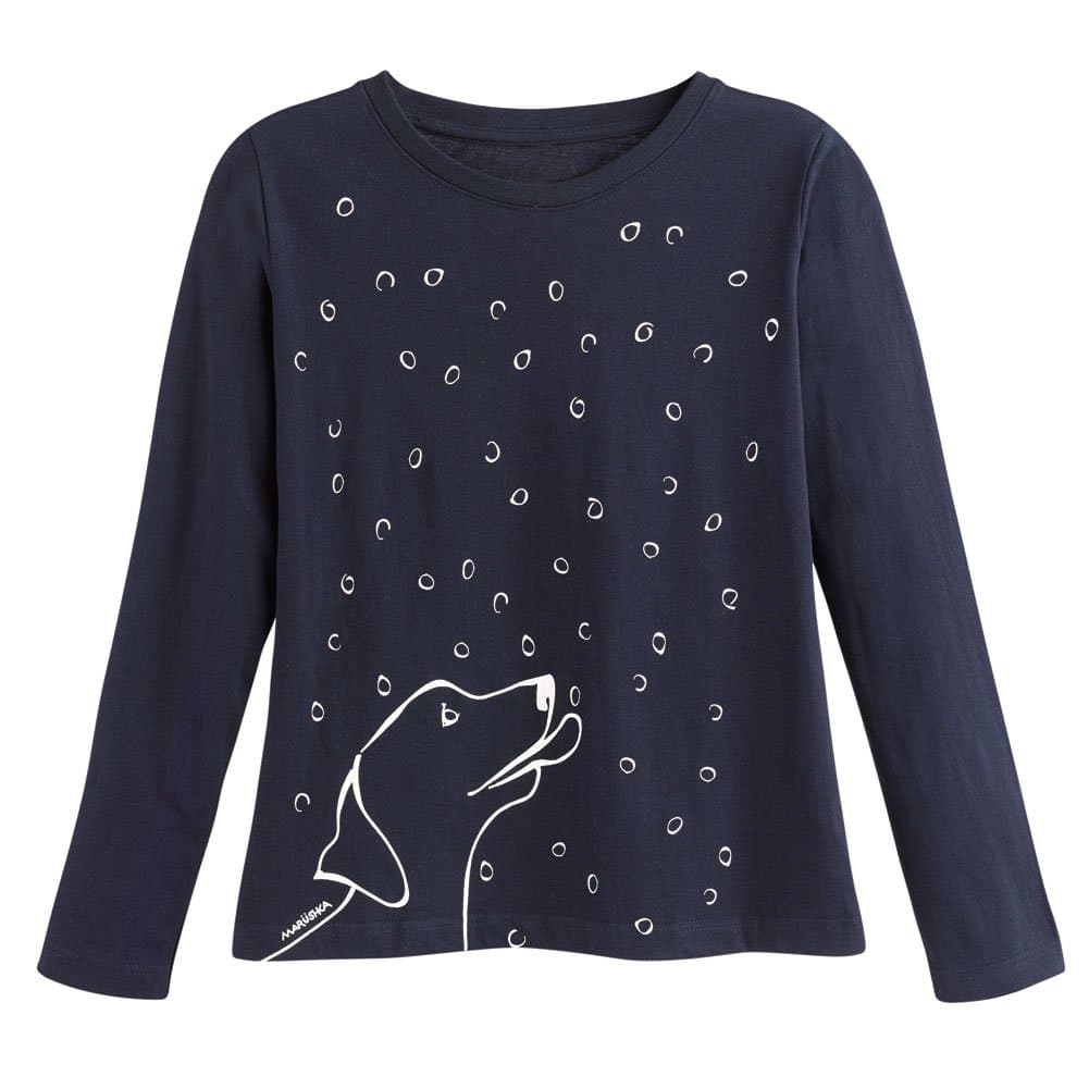 Women's Marushka Dog Catching Snowflakes - Long Sleeve T-Shirt - Navy Blue - Xl