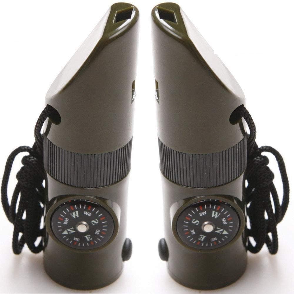 AiTuiTui Multifunctional 7 in 1 Camping Hiking Outdoor Whistle with Compass Magnifier LED Flashlight Thermometer for Emergency Survival Traveling Backpacking Hunting-Army, 2 Pack Green