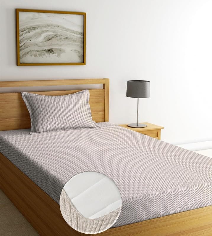 NEW LEAF Pure Cotton Elastic Fitted Bedsheets with 1 King Size Pillow Covers | Single Mattress Bed with All Around Elastic 210tc Supersoft | Size - 72 x 36 +6 inches | Texture, Off White
