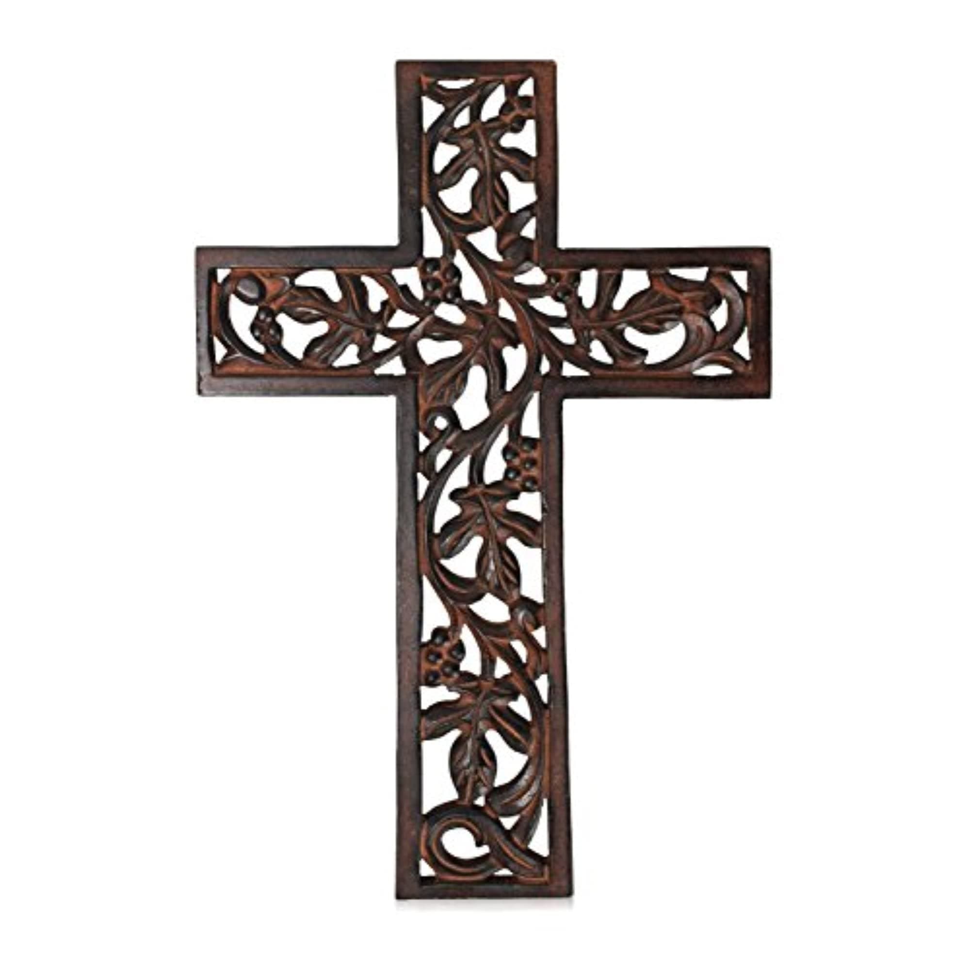 Gifts Wooden Wall Cross Plaque 29 cm Long Hanging with Hand Carved Floral Design Religious Altar Home Living Room Decor Lightweight