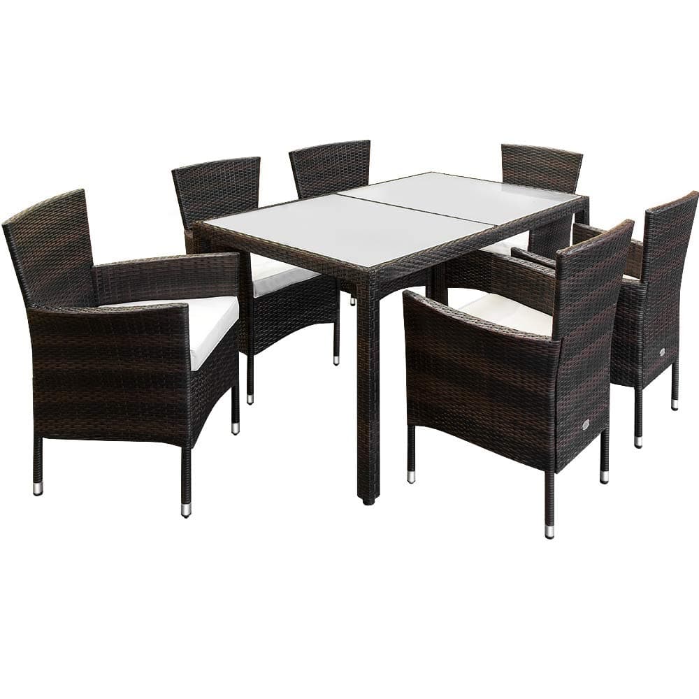 Deuba Outdoor Dining Table Chairs Set Poly Rattan Garden Patio Furniture Polyrattan Conservatory Wicker 6 Seater Frosted Glass Tabletop Rectangular Brown Black Beige
