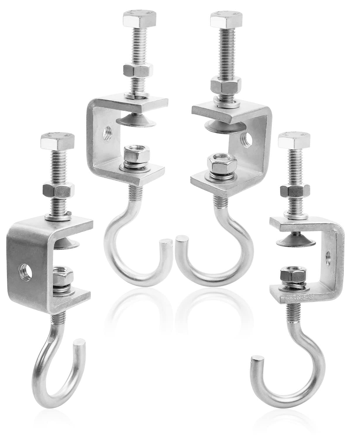 4-Piece Stainless Steel Small Pipe Clamp J-Hooks for 1-Inch Metal & Wood Beam Truss - Heavy Duty Open Cup Bolt Hooks, I-Beam Design - Load 330lb