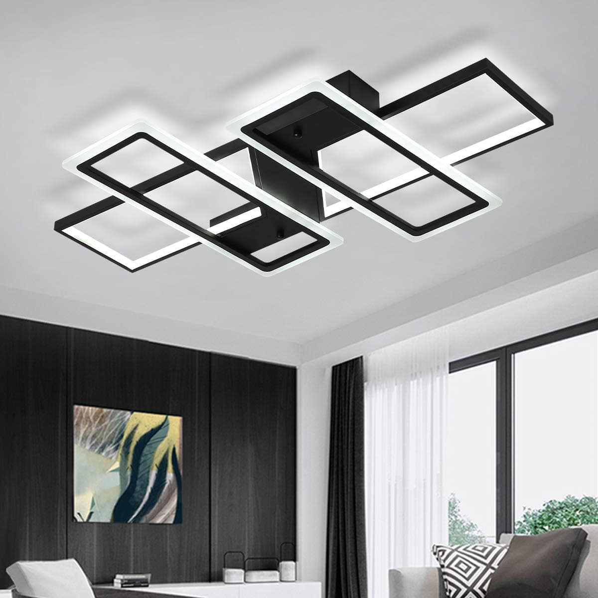 Jaycomey Ceiling Light,Modern 95W LED Chandelier,4 Squares Black Metal Acrylic Flush Mount Ceiling Lamp Fixture for Living Room Bedroom Kitchen Study,Cool White/6000K