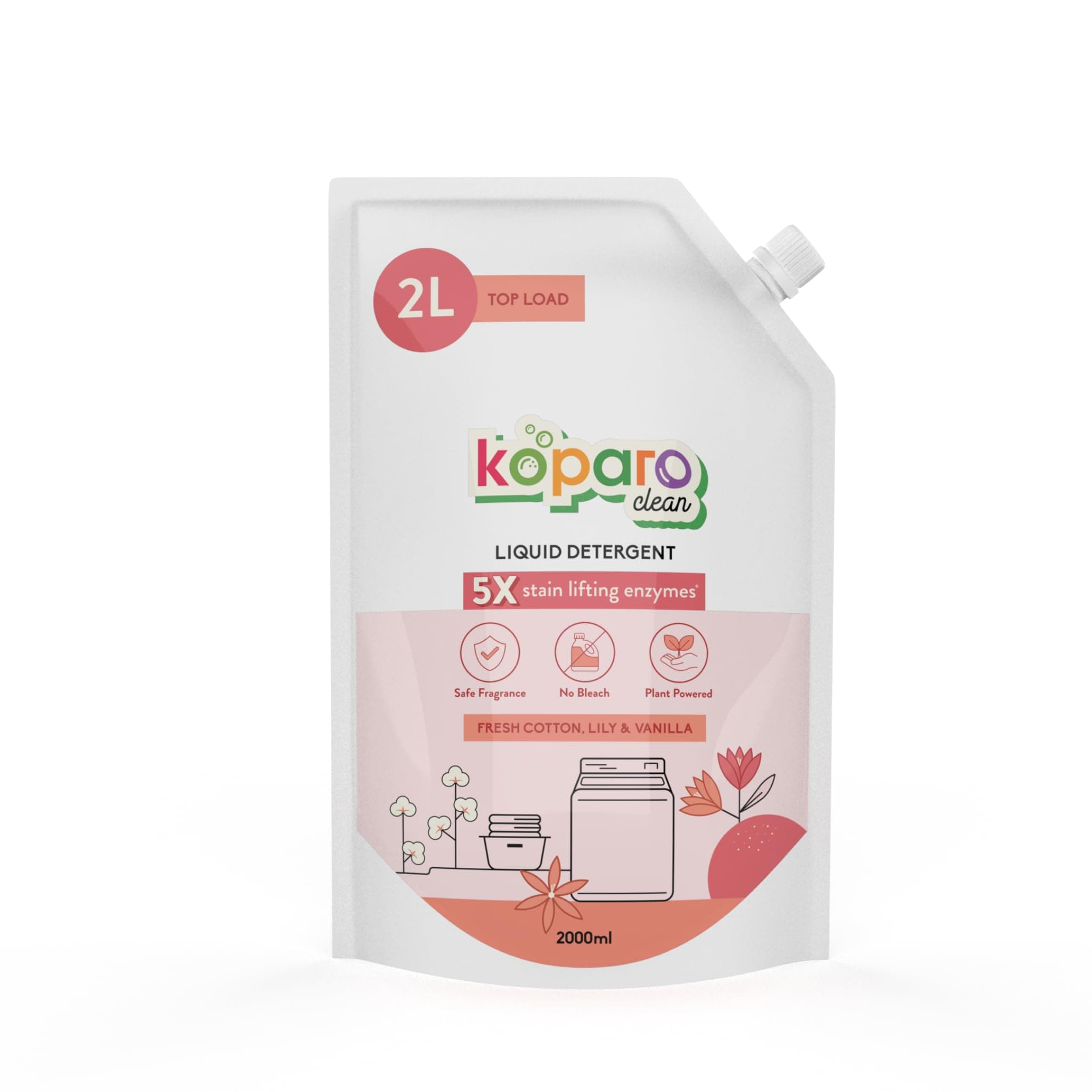 Koparo Natural Laundry Liquid Detergent | 2 Litres | Lily & Vanilla Fragrance | Top Load, Front Load Washing Machine & Hand Wash Friendly | Organic & Eco-Friendly | Tough on Stains, Safe for Kids