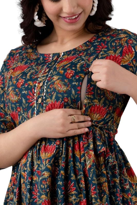 JAIPURFAMEStylish Women's Pure Cotton All Over Printed Kurti Gown, Maternity Dress, and Feeding Dress – Comfortable and Elegant Maternity Wear for Women