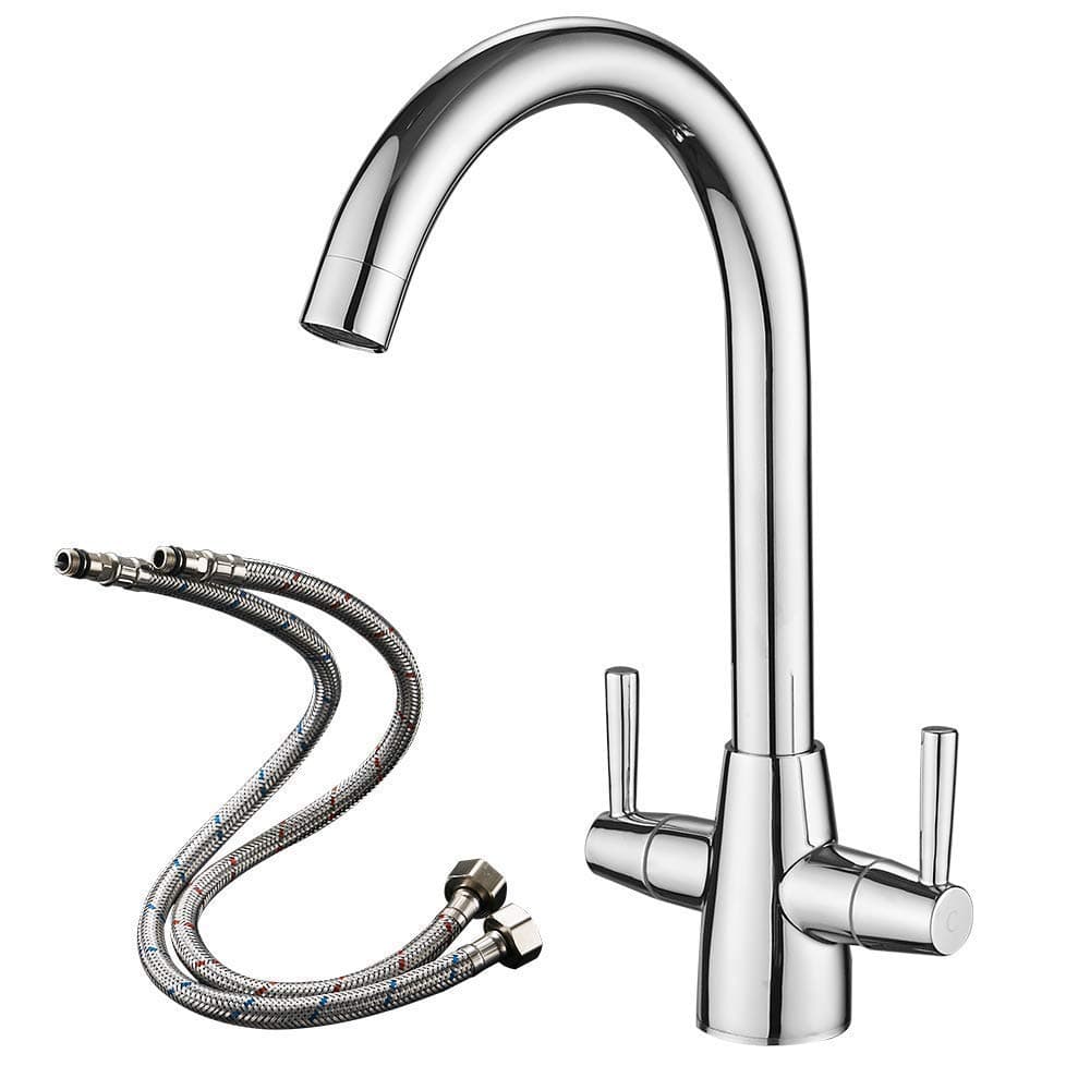 Kitchen Mixer Tap Dual Lever Swivel Spout Chrome Sink Taps with UK Standard Fittings