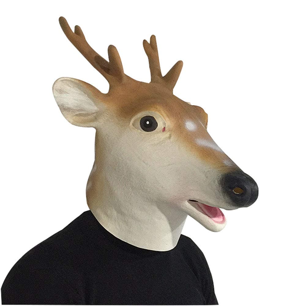 Sika Deer Mask, Animal Head Helmet Giraffe Masks, Spotted Deer Full Over Head Mask, Deluxe Costume Party Latex Cervus Nippon Face Mask for Adult Halloween Grey