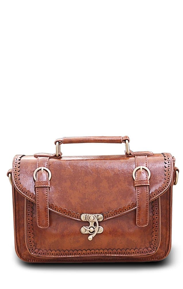 Retro Scalloped Satchel - Vintage Style Handbag - Top Handled with Detached Strap - Coffee Color