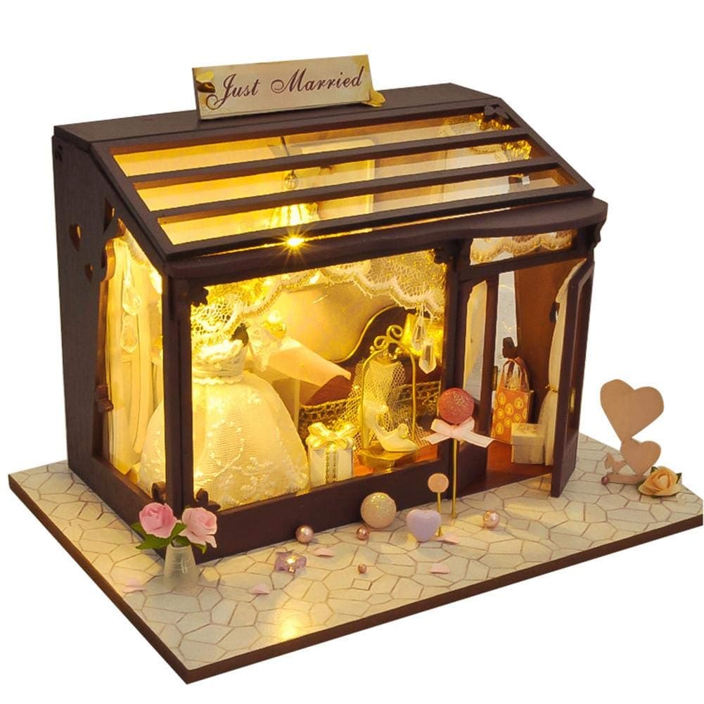 DIY Wooden Dolls House Handcraft Miniature Kit Dollhouse Model with LED Lights Play Set Bridal Shop Cake Shop and Flower Shop for Kids and Adults Christmas Birthday Gift