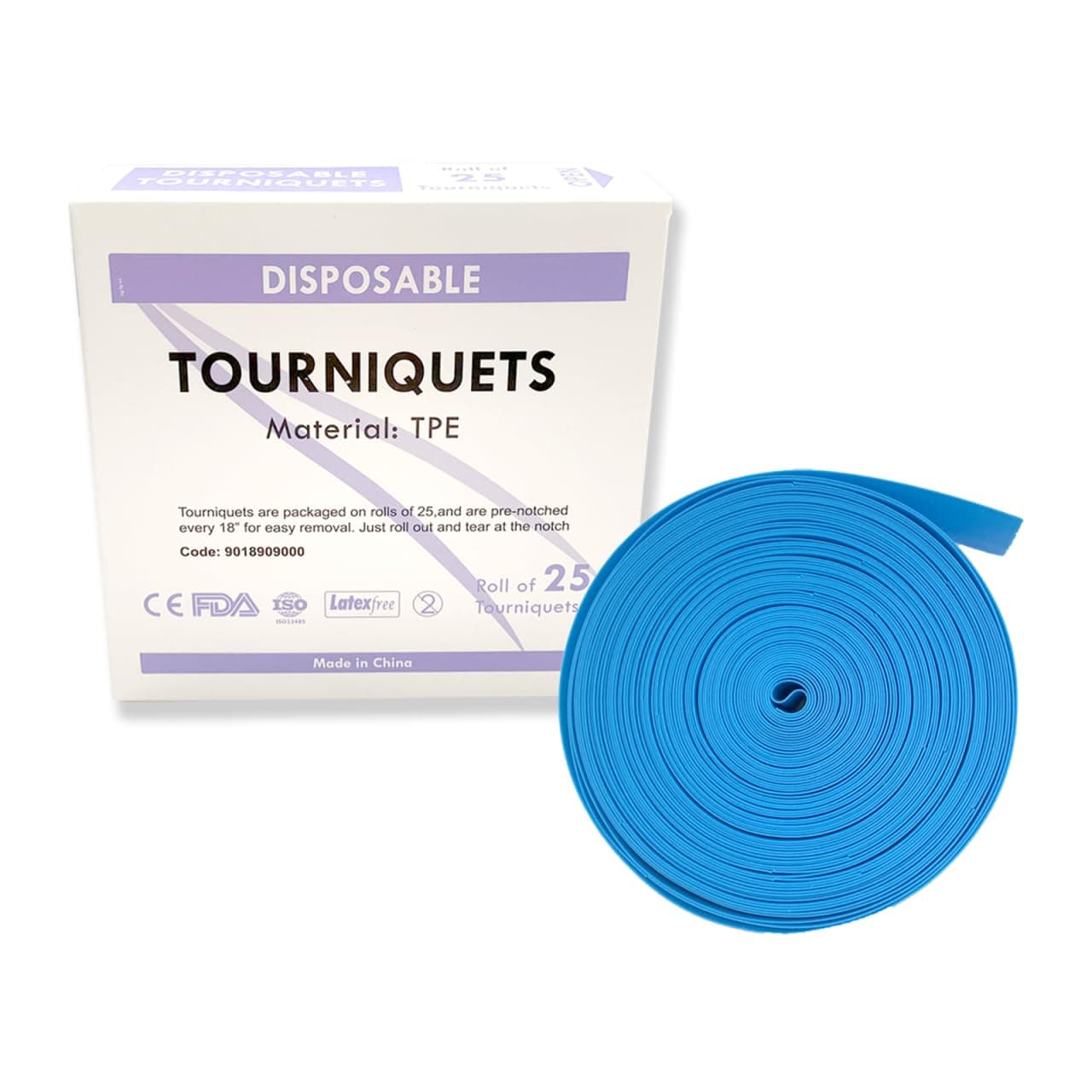 Tourniquet Disposable, Latex Free, TPE, 18 Inch Long, Roll of 25 pcs, Blue
