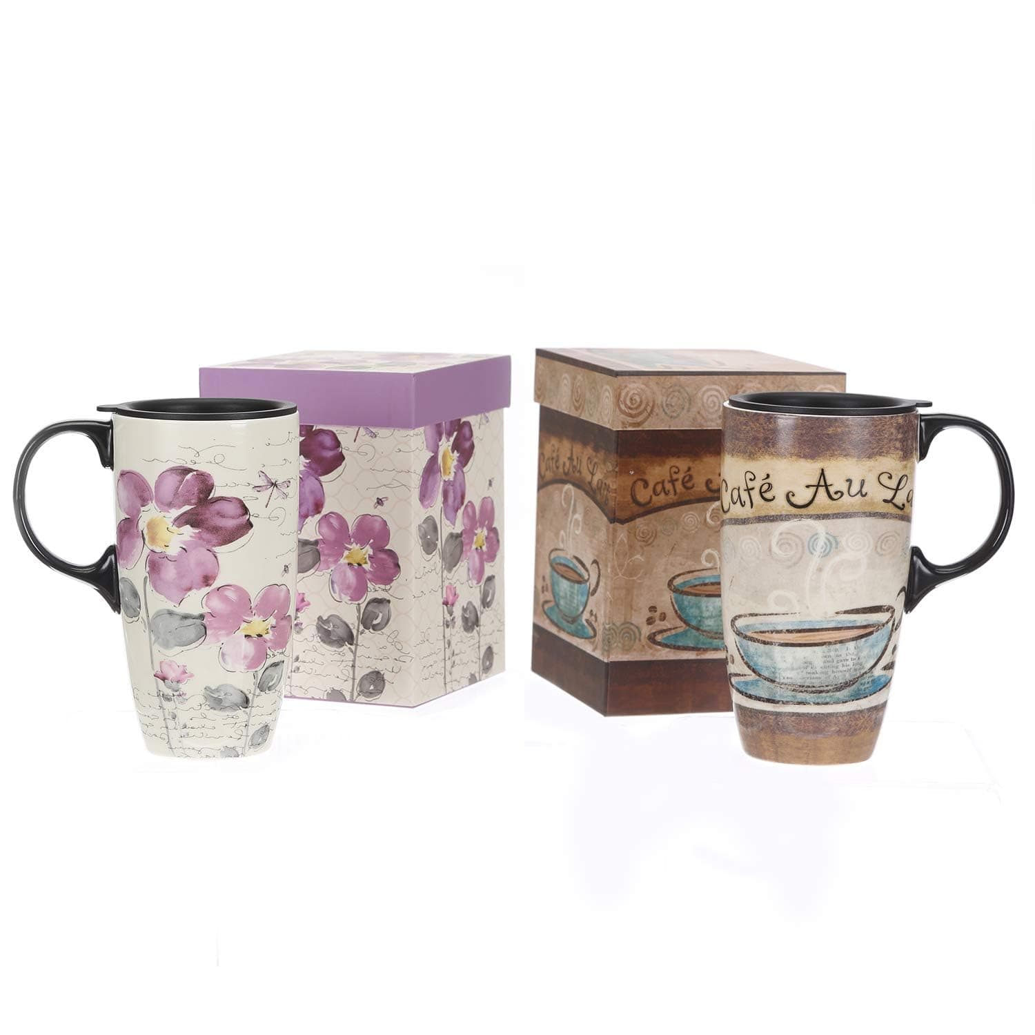 Ceramic Travel Mug Latte Mug 17 oz. Coffee Cup with Sealed Lid and Gift Box, Set of 2