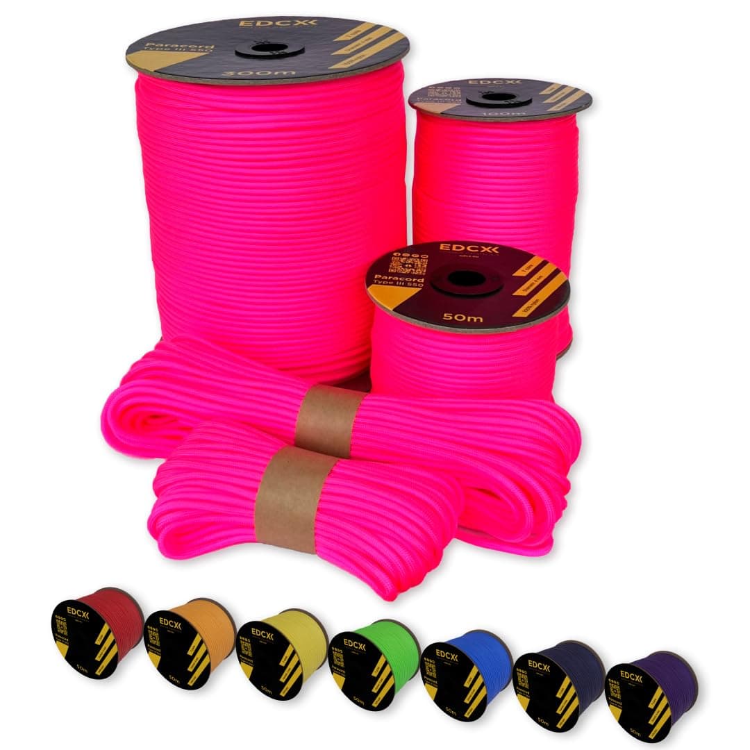 EdcX Paracord 4mm, 35+ Solid Colors (10m, 15m, 30m, 50m, 100m, 300m) | Ideal for Crafting, DIY, Camping, Survival, Outdoor | 100% Nylon Rope 4mm | Tactical Cord 550 Type III (Sofit Pink, 30 m)